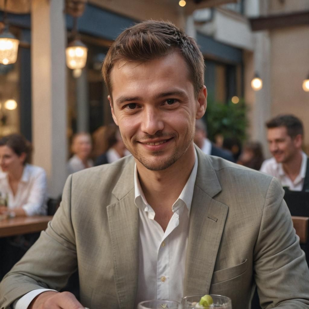 Warm Smile: Portrait of a Man in Restaurant, Photorealistic