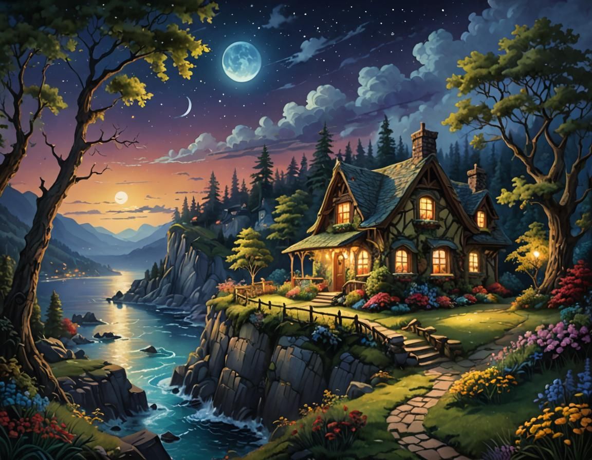 Picturesque charming  lone cottage at cliff at night painting Embroidery byThomas Kinkade, Dona Gelsinger,
forest filigr...