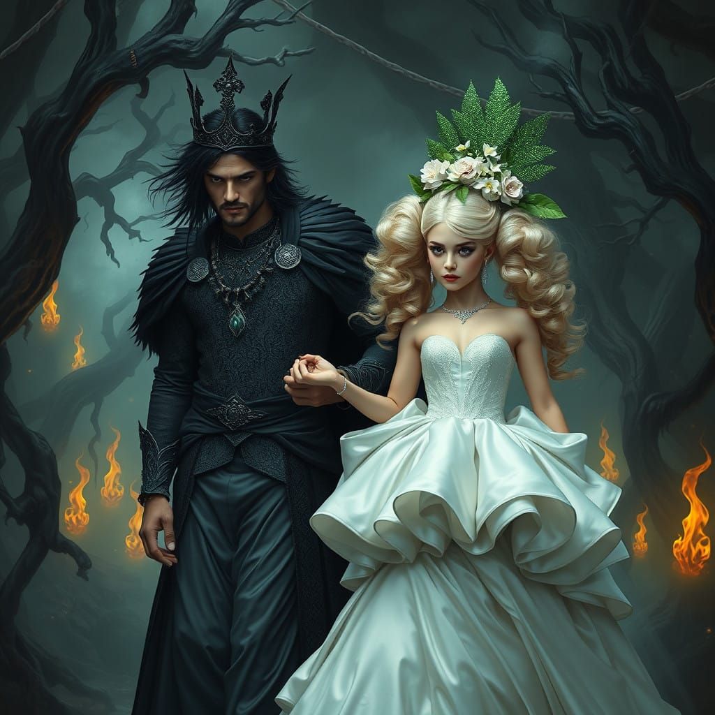 Regal Underworld Couple Strolls through Dark, Gothic Landsca...