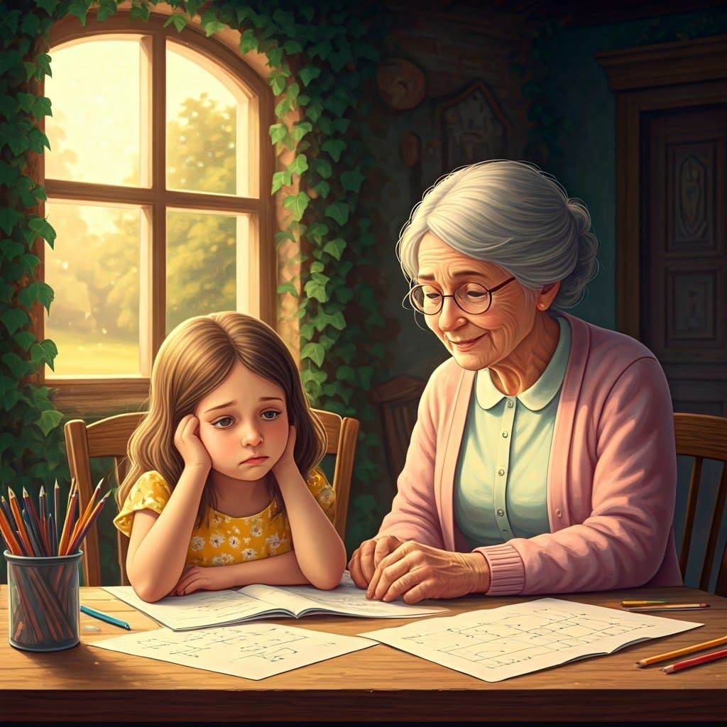 Cozy Cottage Scene with Little Girl and Wise Granny