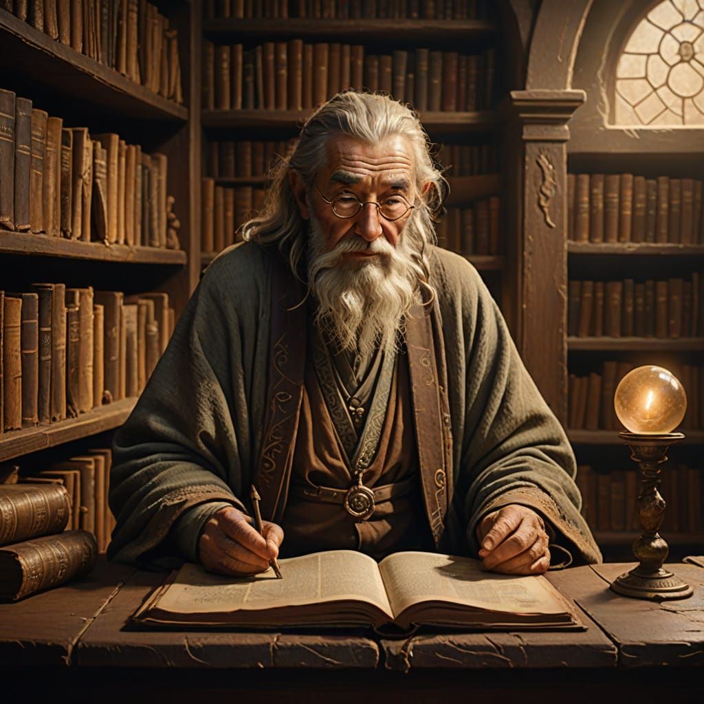 Mystical Sage in Ancient Library