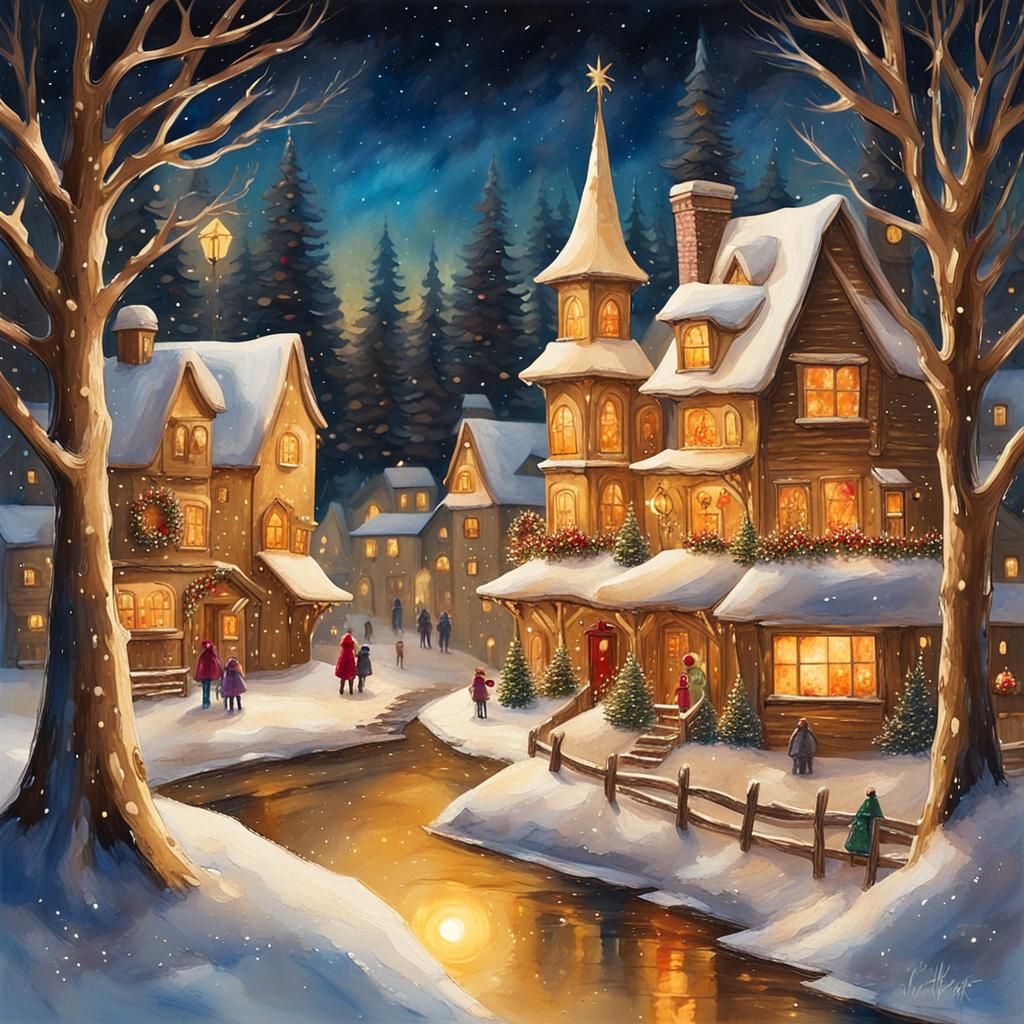 Surreal, Gilded Christmas Village in Warm, Rustic Oil Painti...