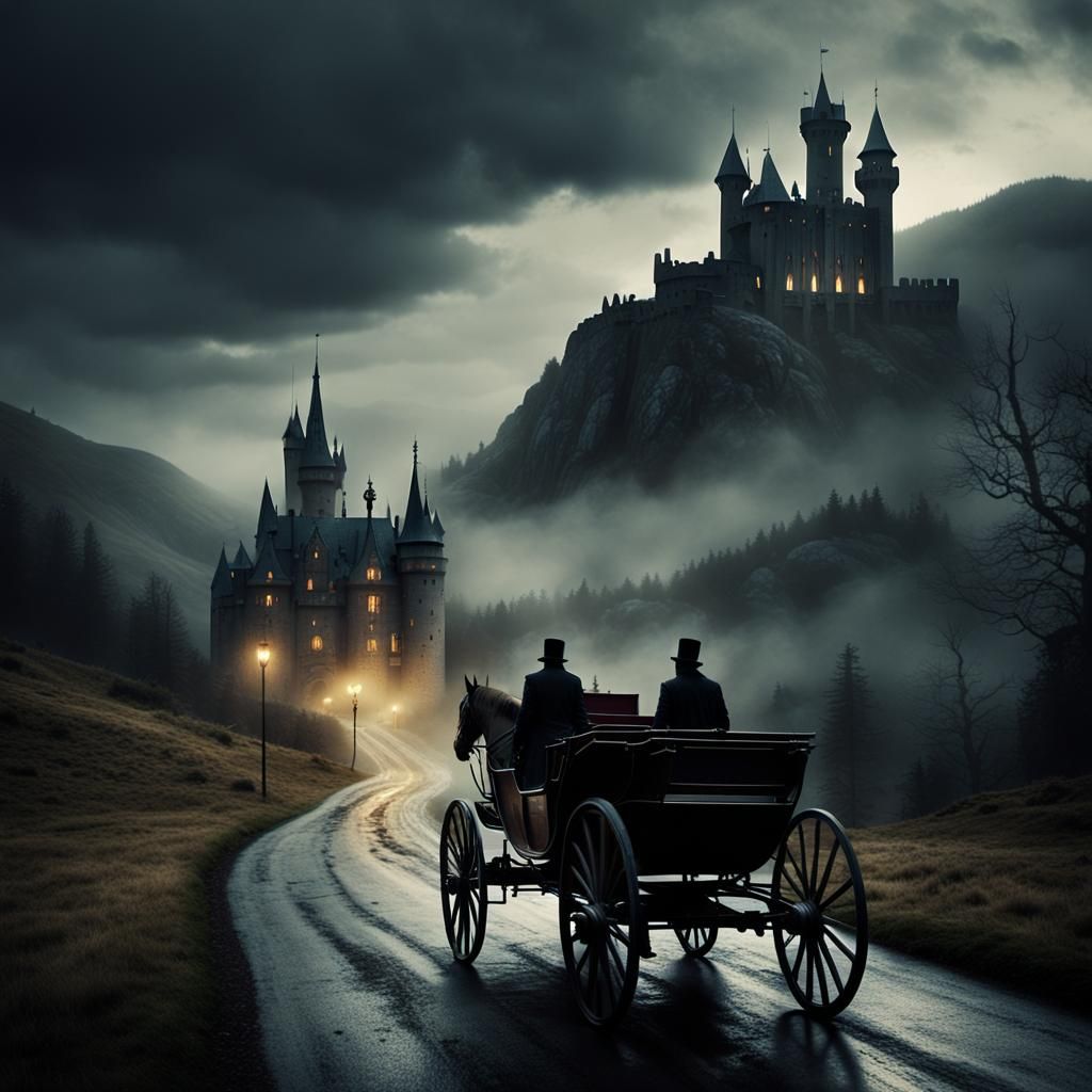 Gothic Castle Film Still in Dark Academia Style