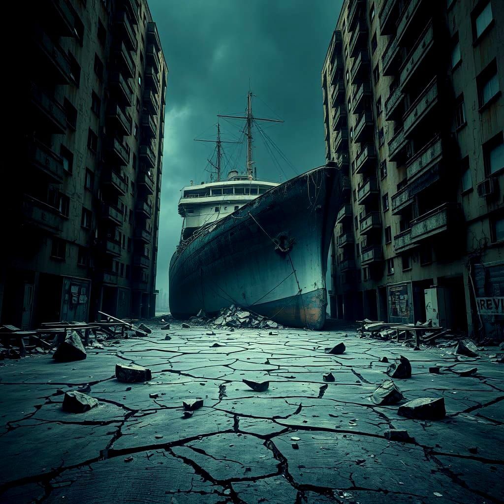 Surreal Shipwreck Between Buildings in Dramatic Lighting