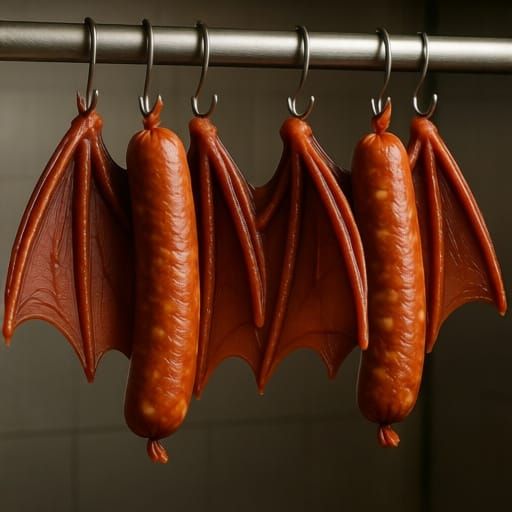 Bratwurst Sausages Wrapped in Bat Wings Hanging