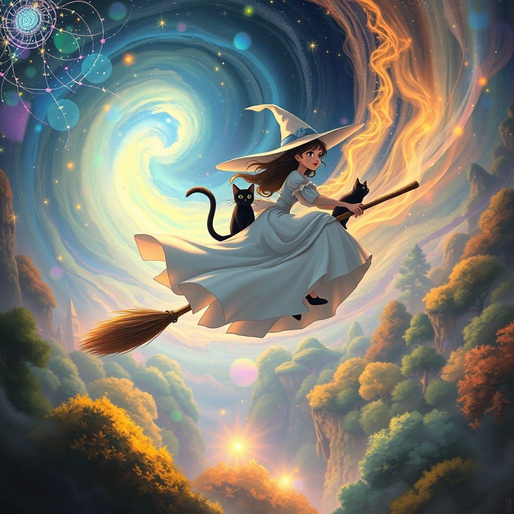 Ethereal Witch Rides Broomstick over Enchanted Forest