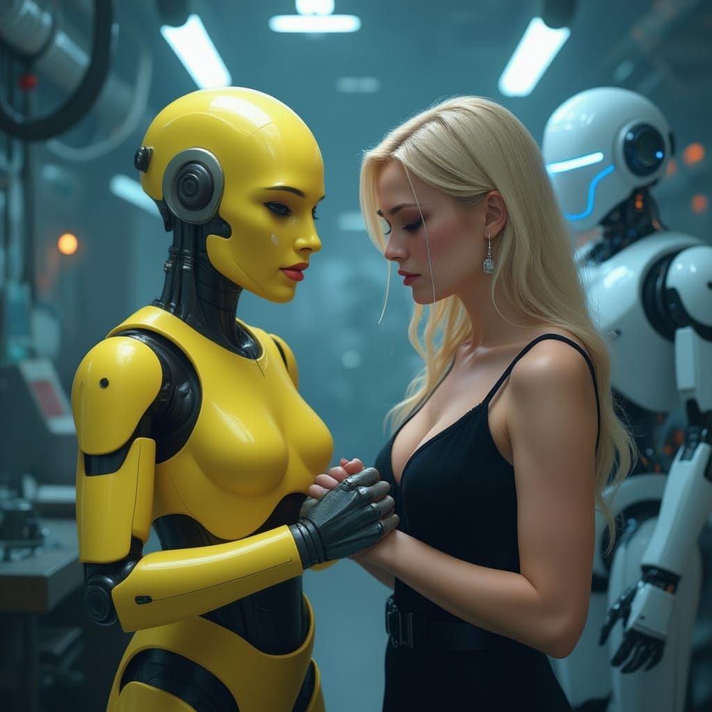 Two Women Comforted by Robot in Machine Shop