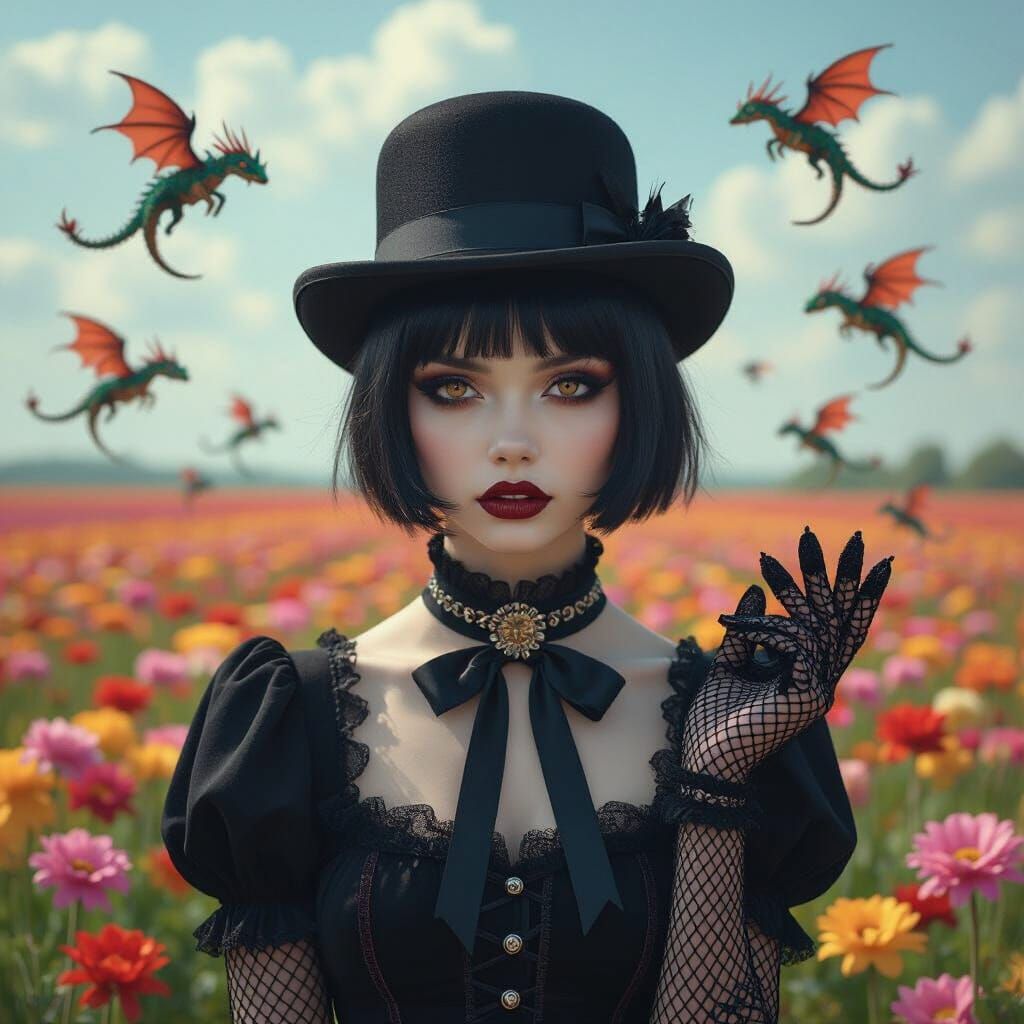 Goth Teen Surrounded by Dragons in Hyper-Realistic Style