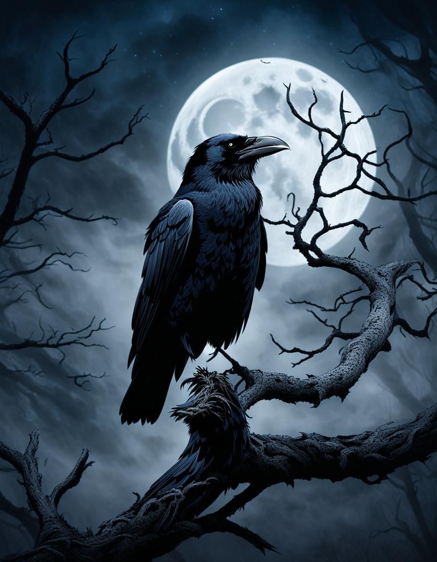 Raven in Dark Fantasy Landscape Illustration