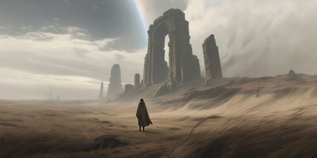 Solitary Figure Amidst Colossal Ancient Ruins in Digital Pai...