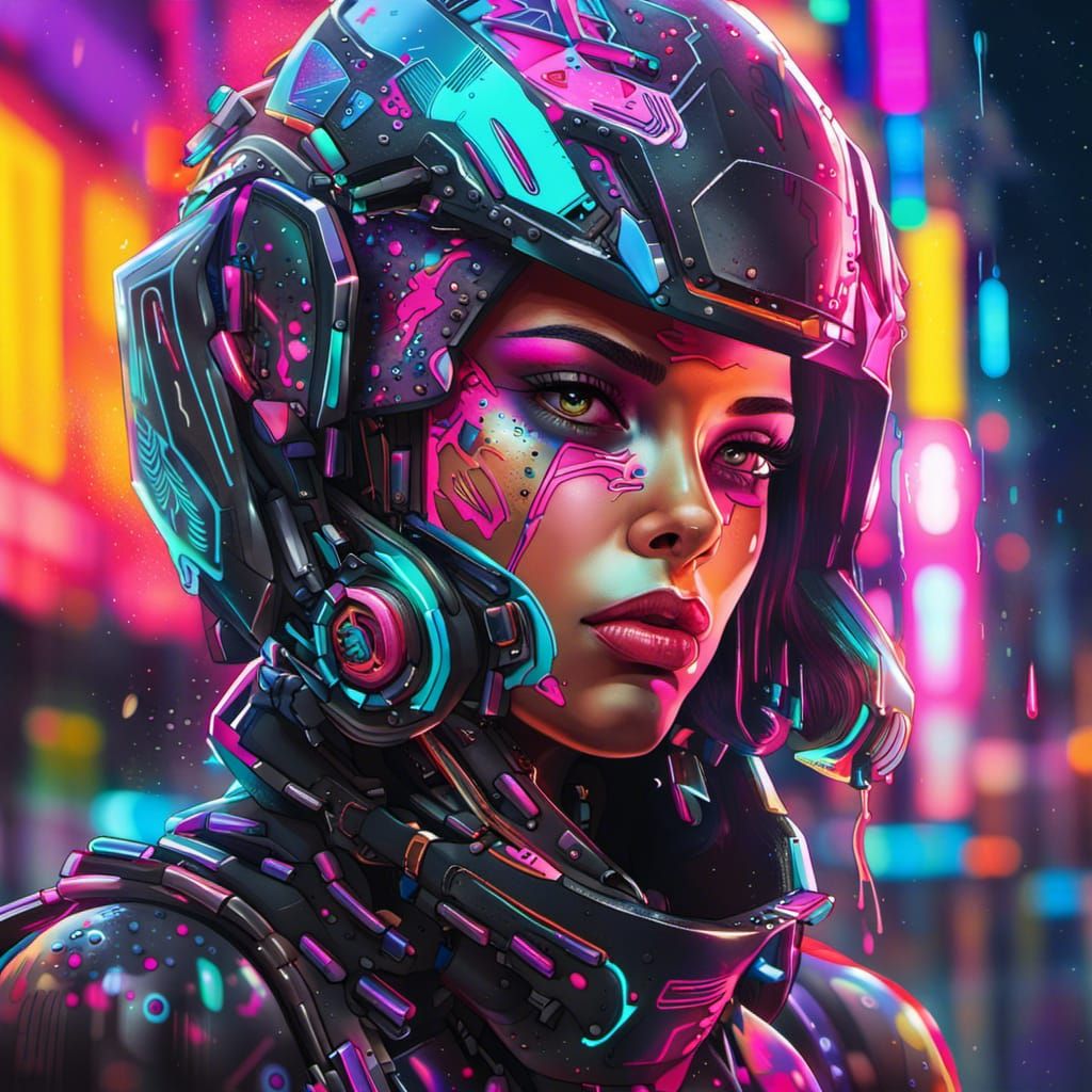 Cyborg Girl Portrait in Neon City Graffiti Art