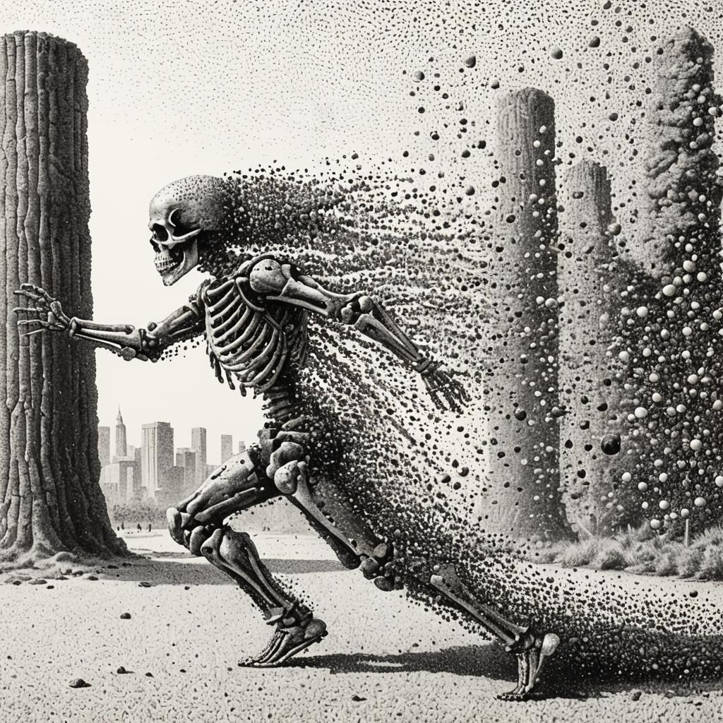 Surreal Pointillist Skeleton Disintegrating into Dots