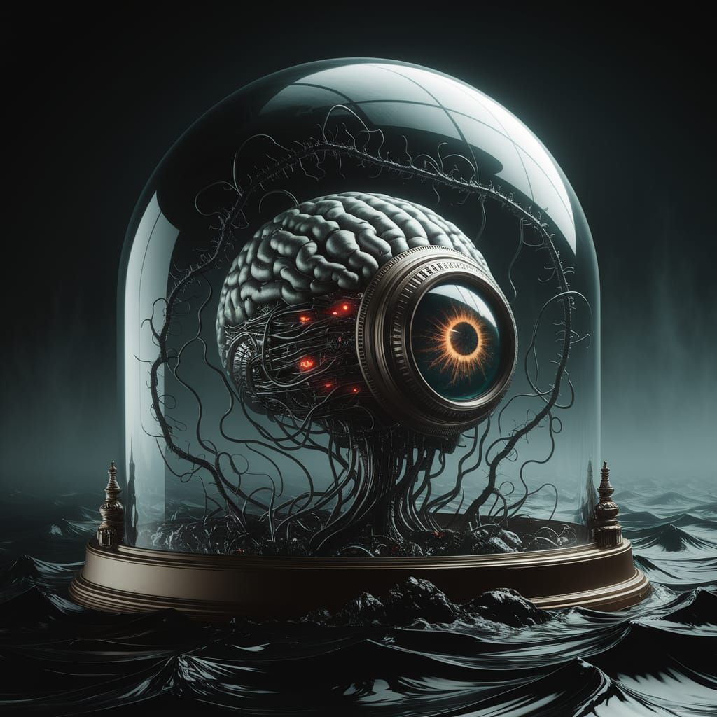 Ethereal Biomechanical Eye in a Twisted Glass Dome