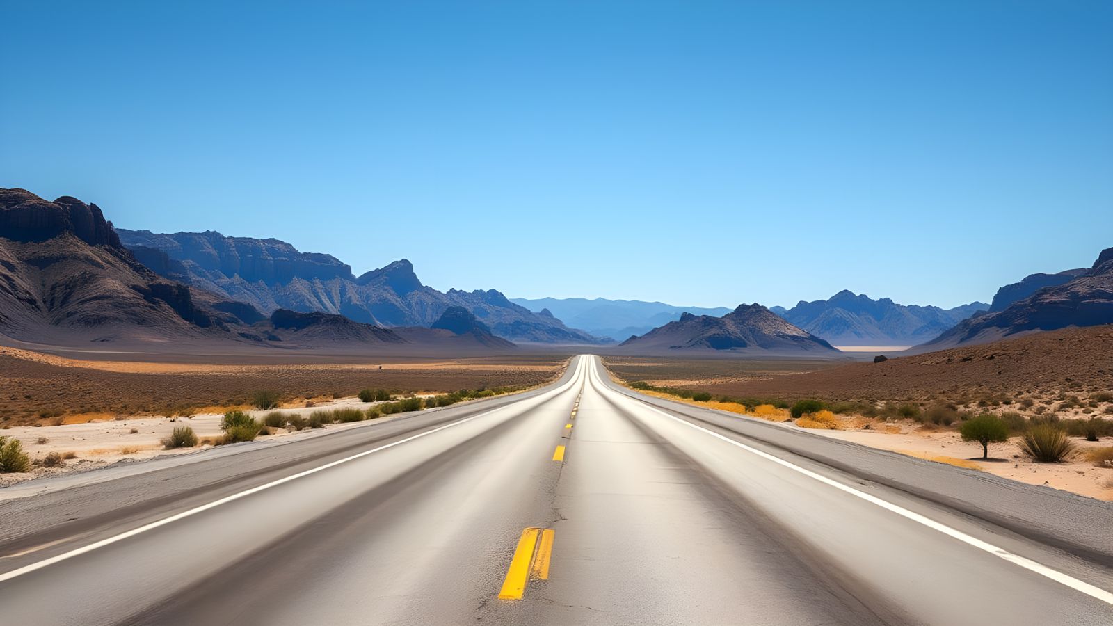 Route 66 highway road at midday clear sky desert mountains b...