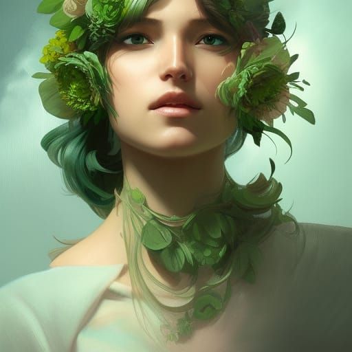 Wind and Flowers Portrait in Hyperdetailed Style