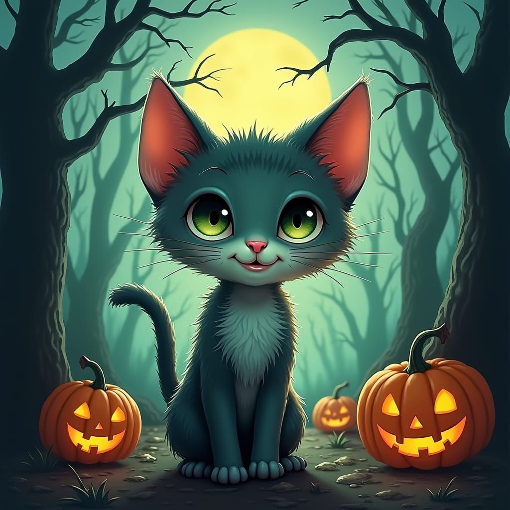Mischievous Kitten in a Moonlit, Gothic Forest