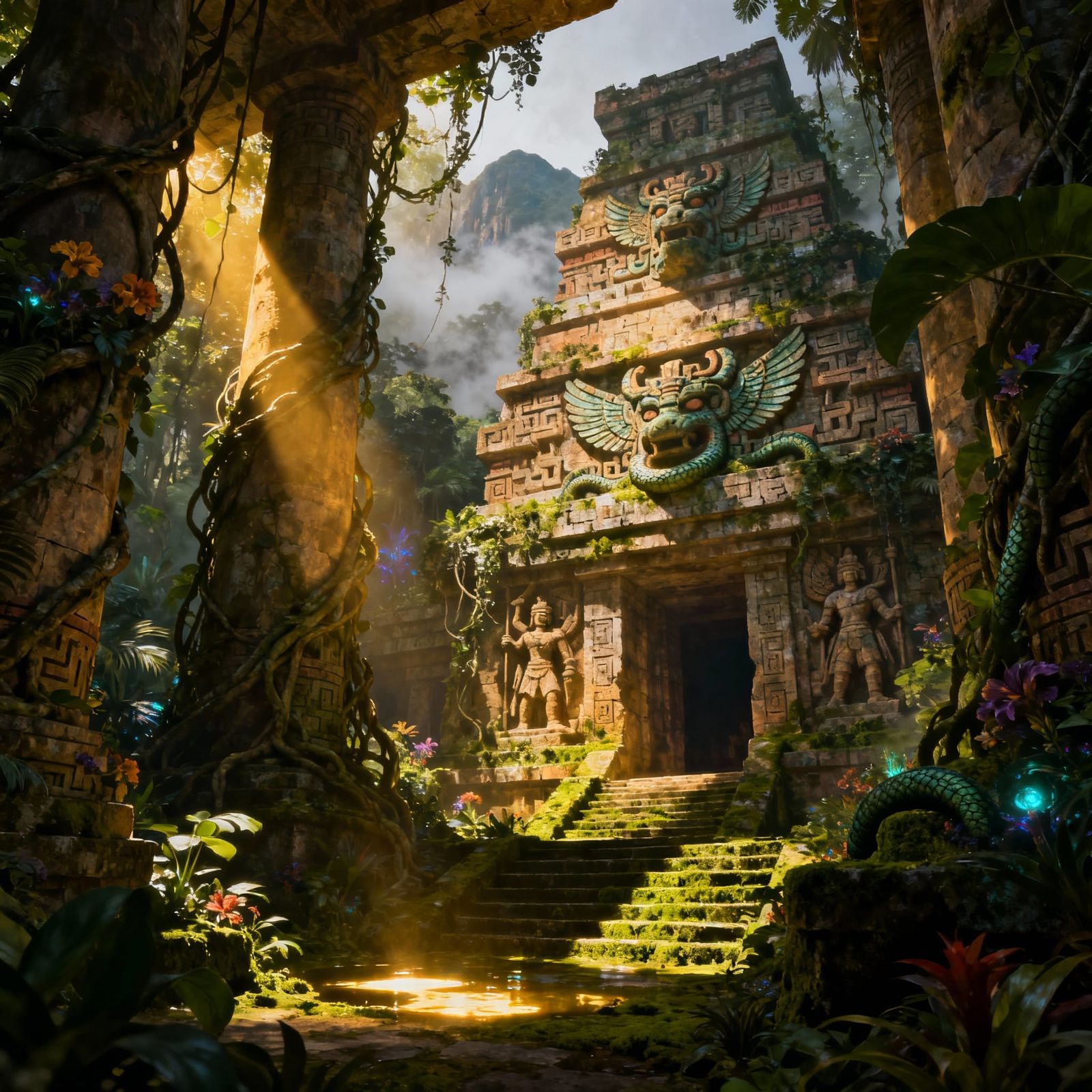 Overgrown Aztec Jungle Temple in Fantasy Concept Art Style