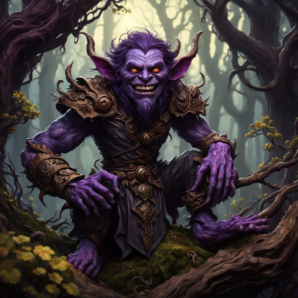 Whimsical Dark Fantasy Imp in Forest Glade