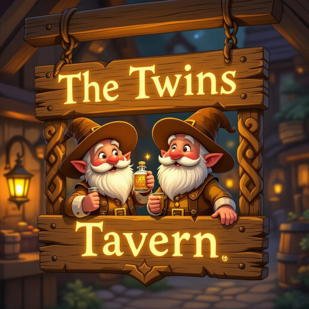 Tavern Sign with Cheerful Twins in Whimsical Style