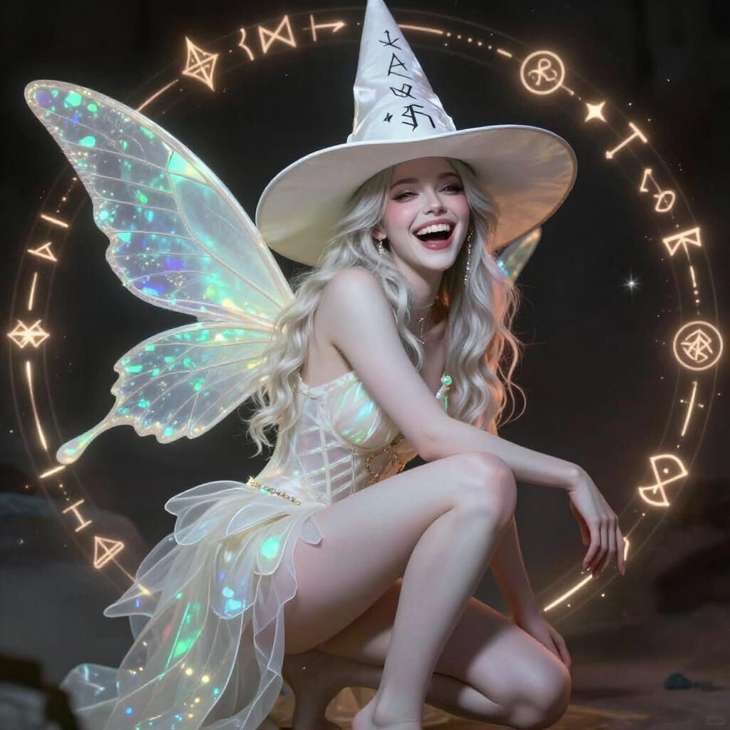 Fairy Model in Opal Witch Hat with Viking Runes