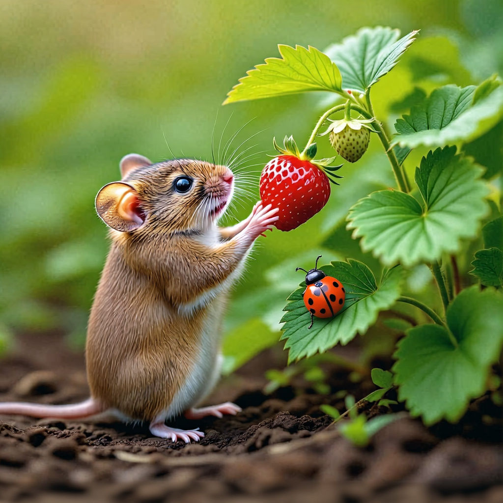 Hyperrealistic Field Mouse Reaching for Strawberry