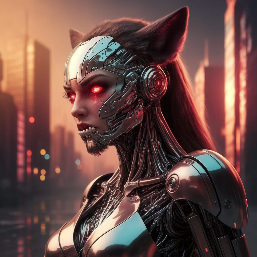 Fearsome Female Cyborg in Dystopian Urban Landscape