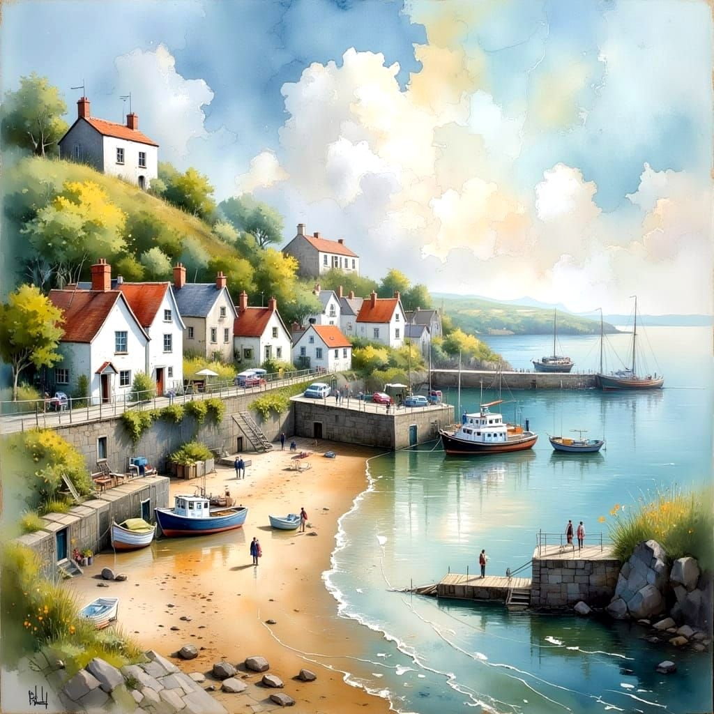 Quaint Seaside Village in England: Hyperrealistic Oil Painti...
