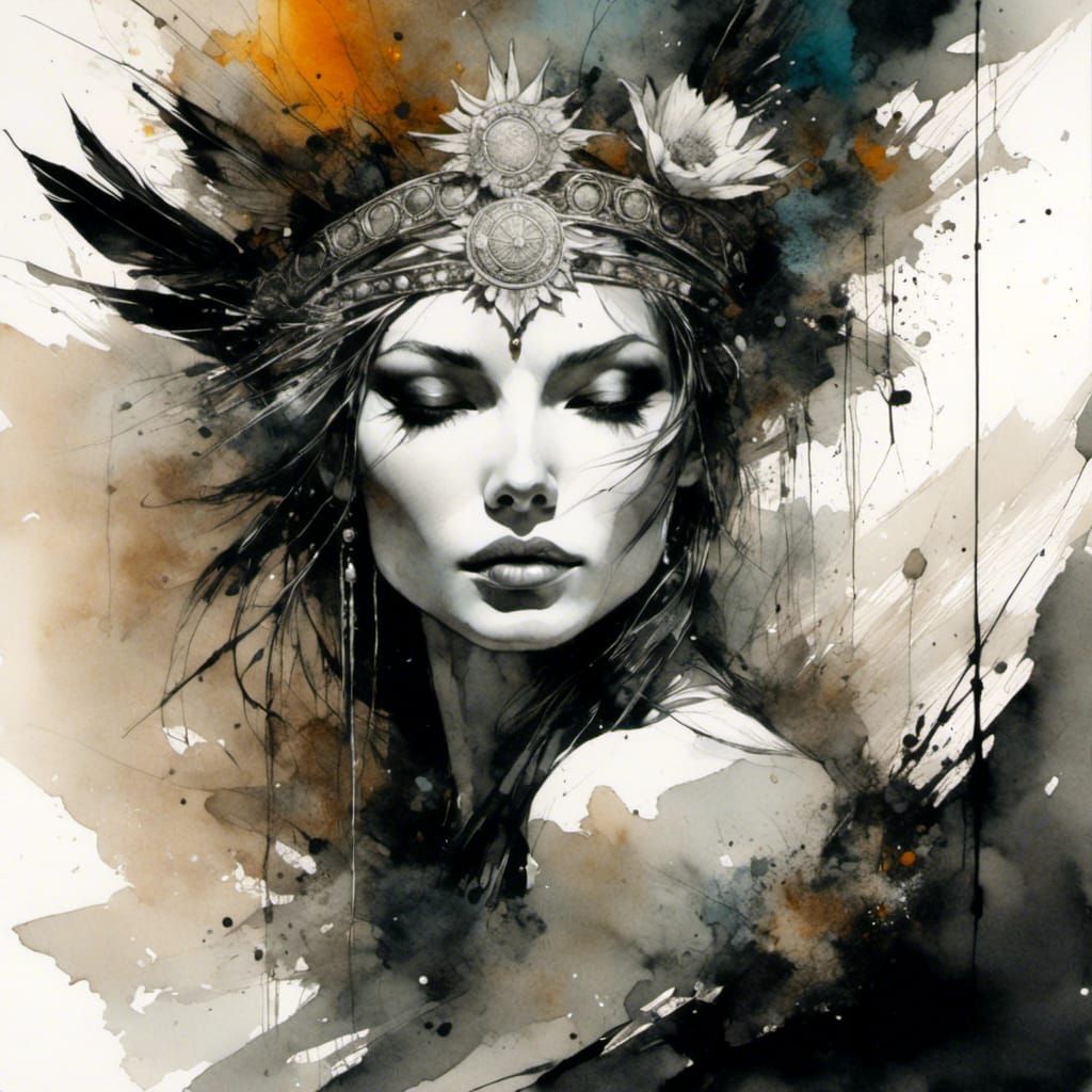 Ornate Tarot Card: The Sun in Washed Ink