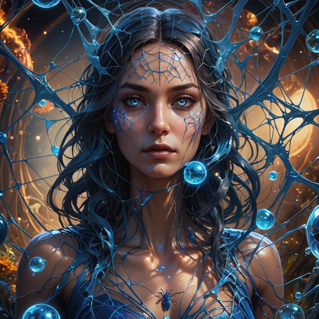 Earth Creation with Blue Spider Web, Digital Art