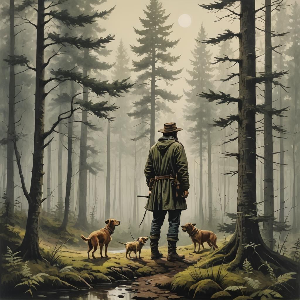 Drifter and Dog at Forest Edge, Digital Art