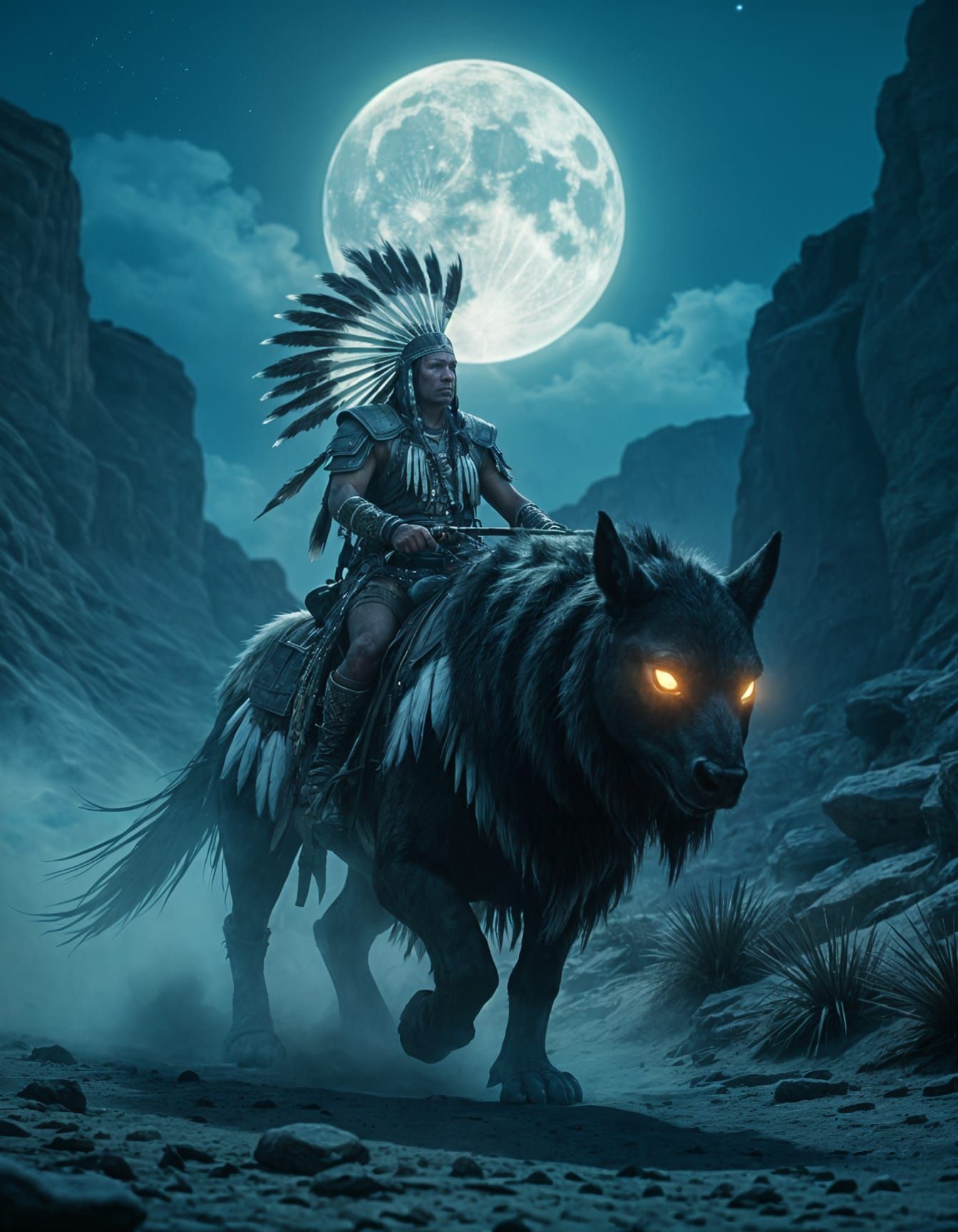 Mystical Shamanic Rider on Bioluminescent Beast in Misty Can...