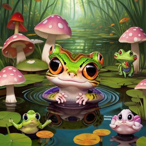 Kitten-Frog Hybrid in Snake's Mouth: Surreal 3D Art