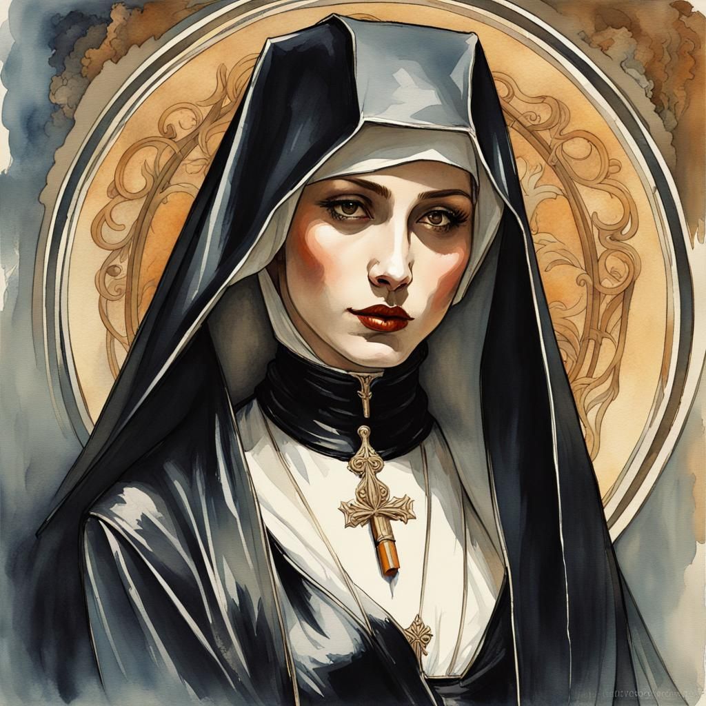 Gothic Nun in Leather, Alphonse Mucha Style