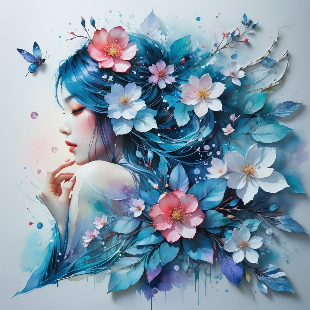 Dreamy Lake Glade at Night in Watercolor Style