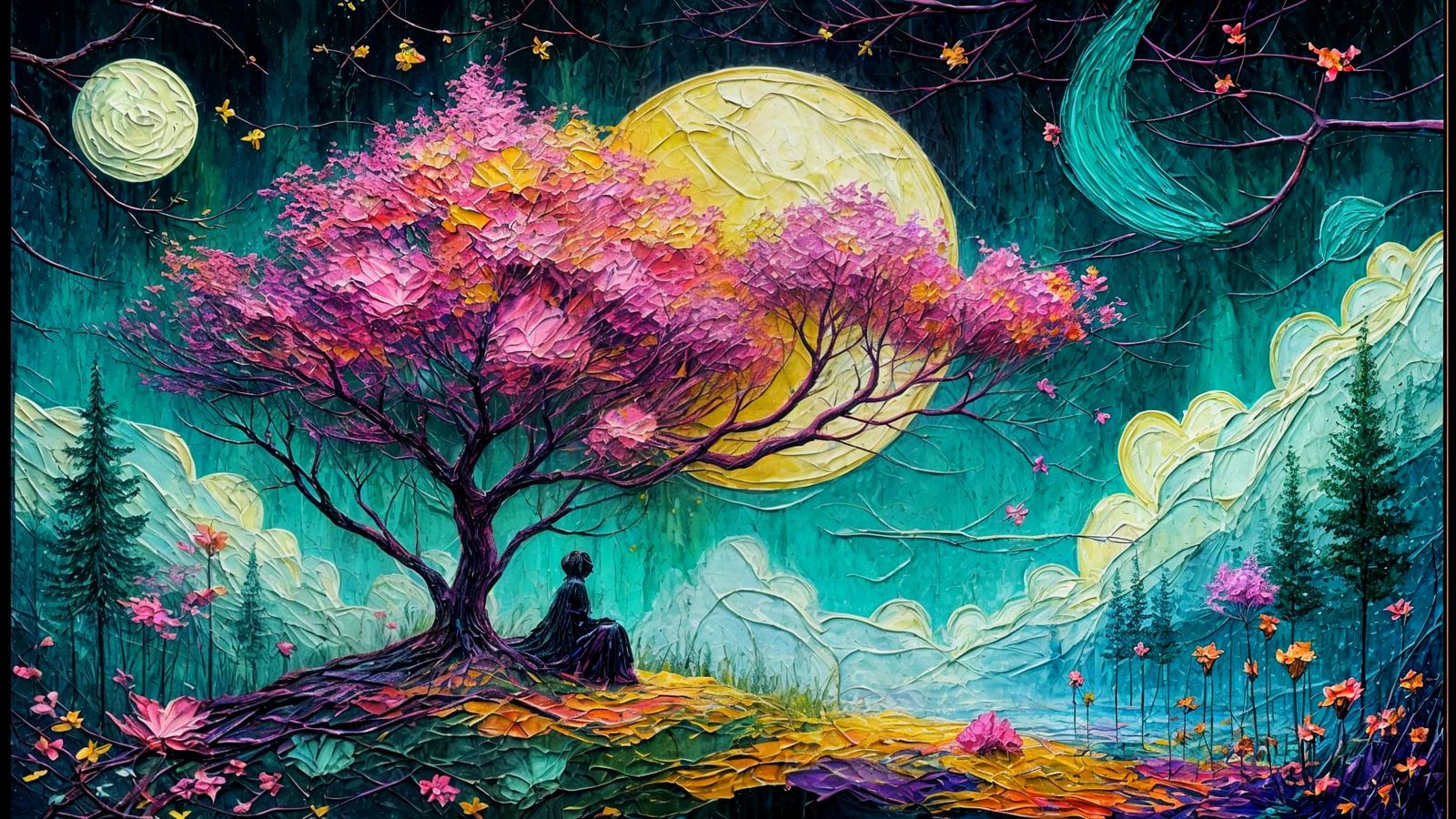 Magical Tree in Vibrant Moonlit Fantasy Forest