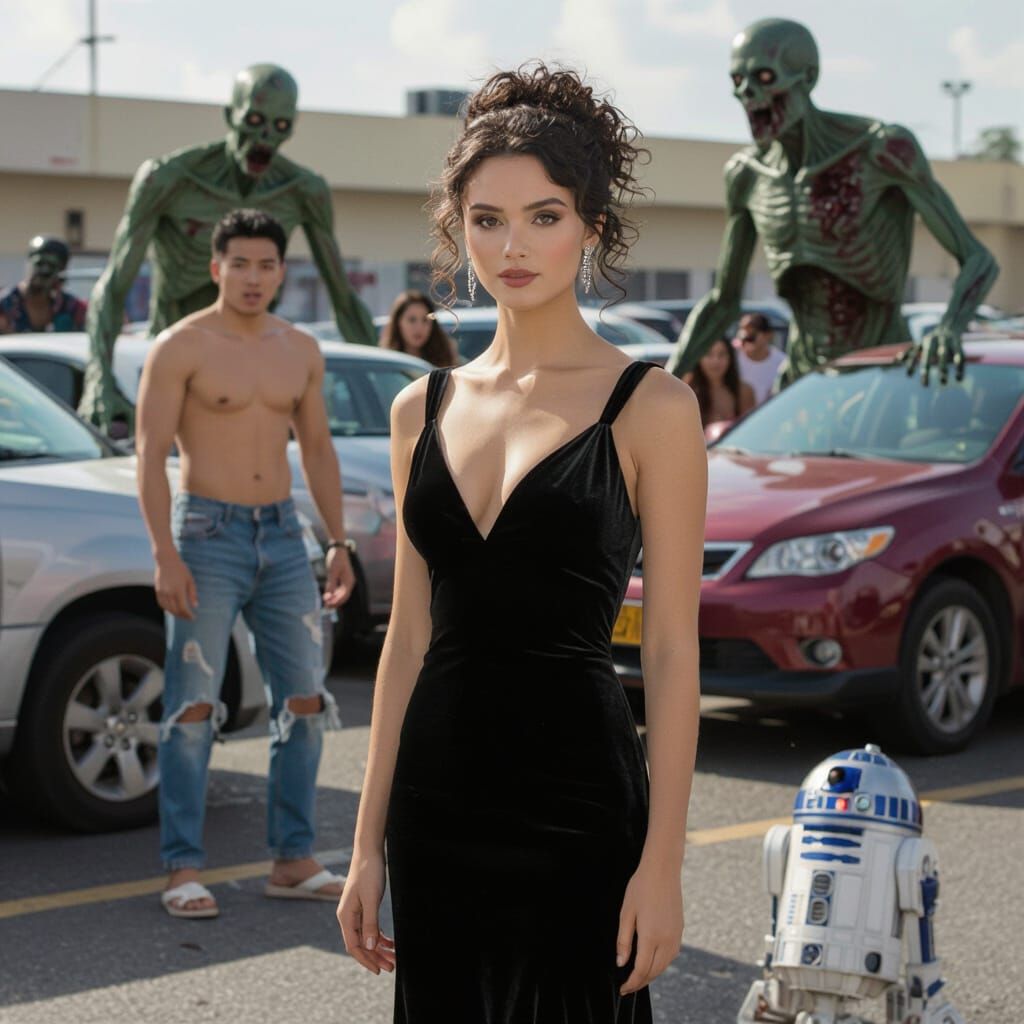 Elegant Woman in Velvet Gown Amidst Zombie Apocalypse