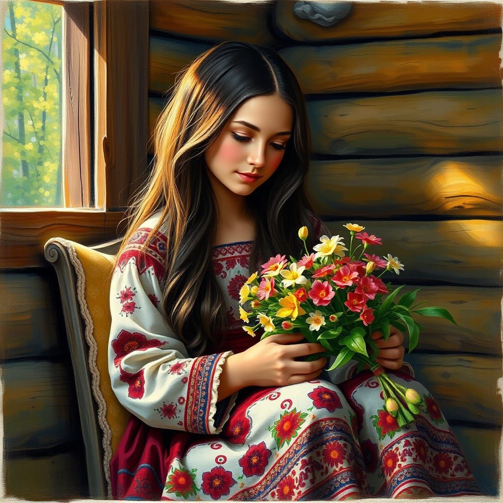 Serbian Girl Admires Spring Flowers in Cozy Log Cabin