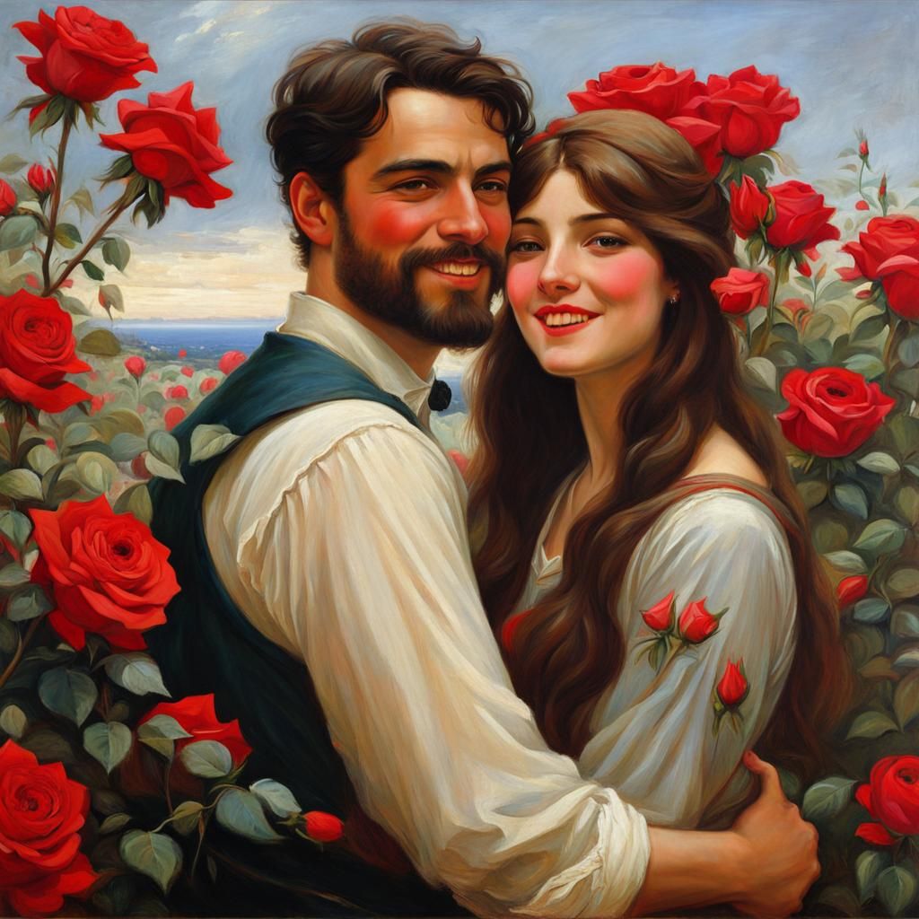 Romantic Rose Garden Painting in Waterhouse Style