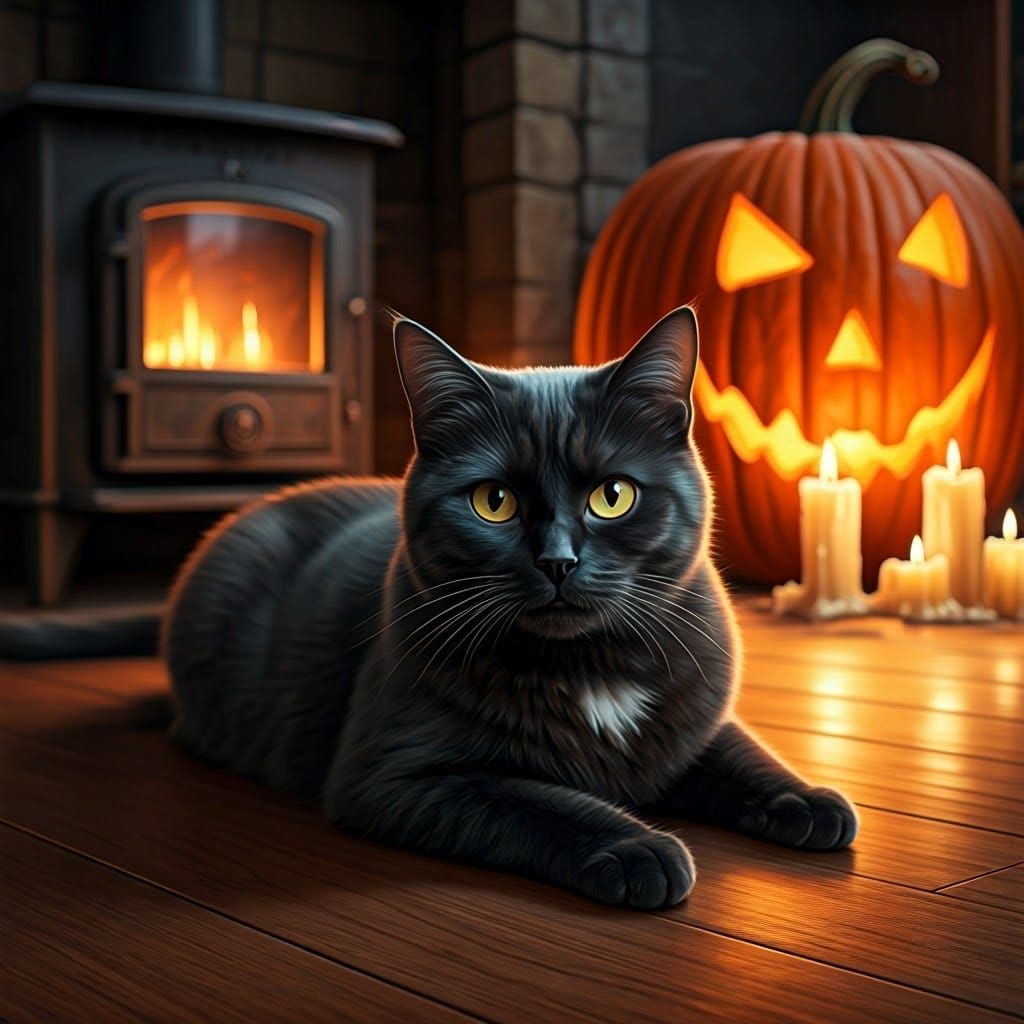 Black Cat Halloween Scene in Detailed Matte Painting