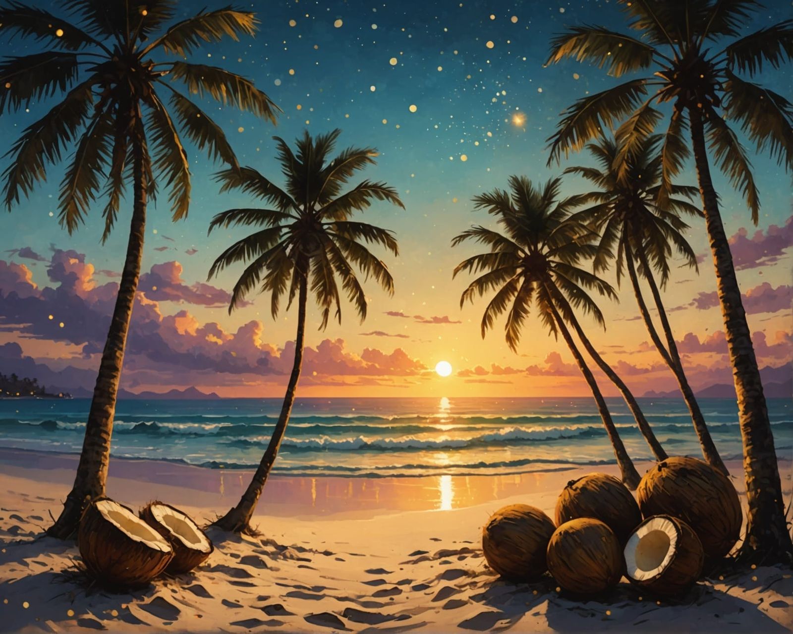 Beach Sunset with Palm Trees and Fairy Lights