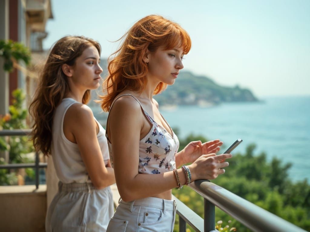 Italian Coast View with Red-Haired Woman