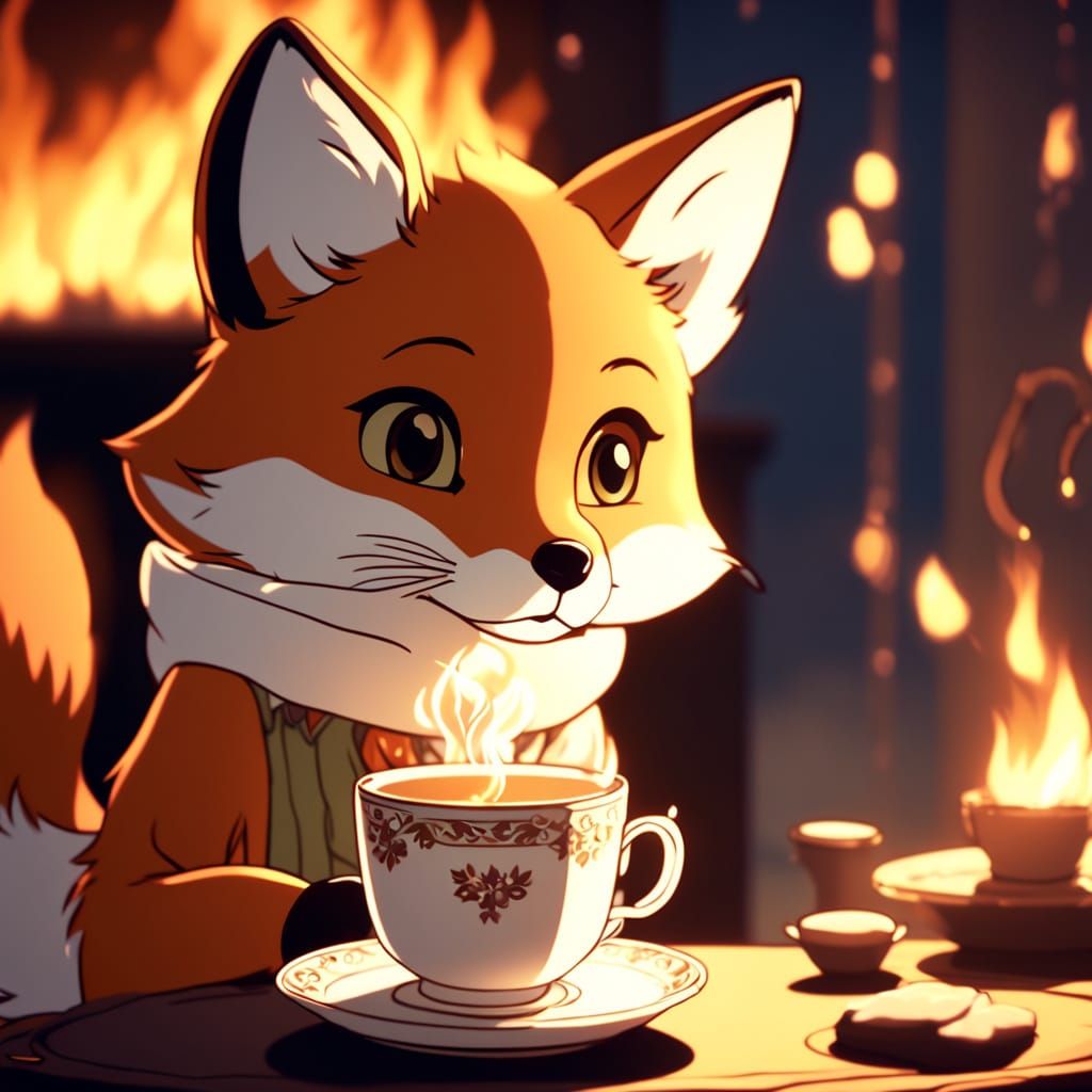 Anime Fox with Teacup by Fireplace in Disney Style