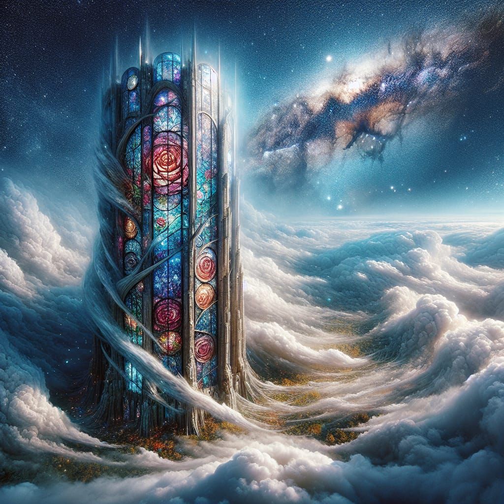 Tower of Roses Made of Stained Glass in Foggy Starry Sky