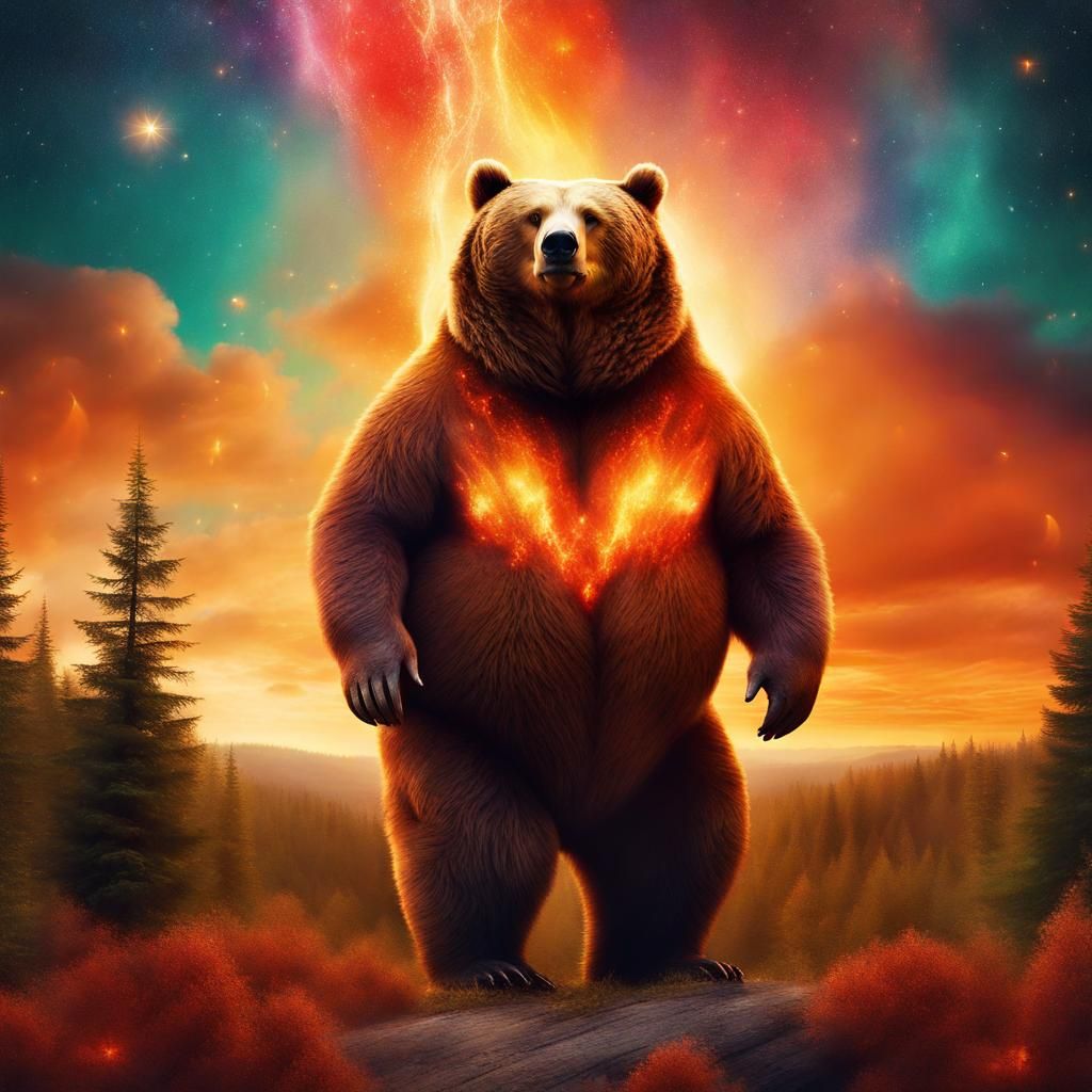Surreal Obese Bear in Fiery Woodland Skyline