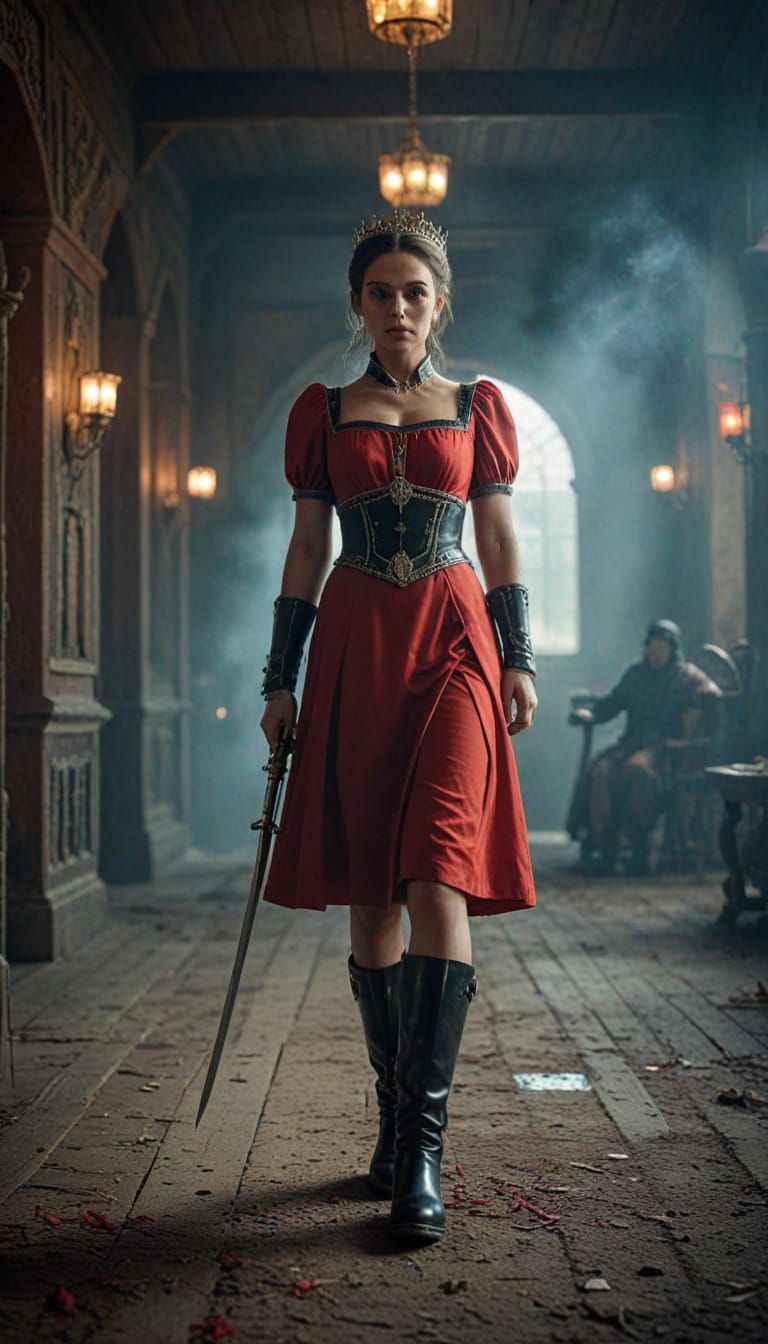 Queen in Red Dress with War Boots, Eerie Cinematic Still