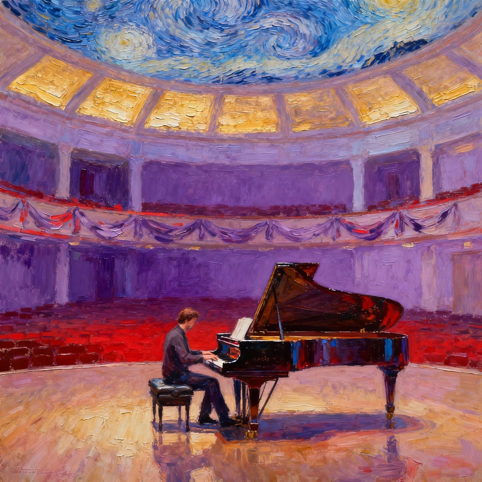 Abstract Piano Player in Concert Hall with Bold Hues