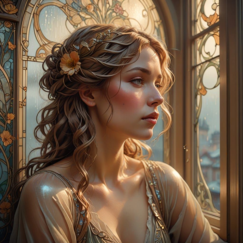 Woman Gazing Out Window in Art Nouveau Style