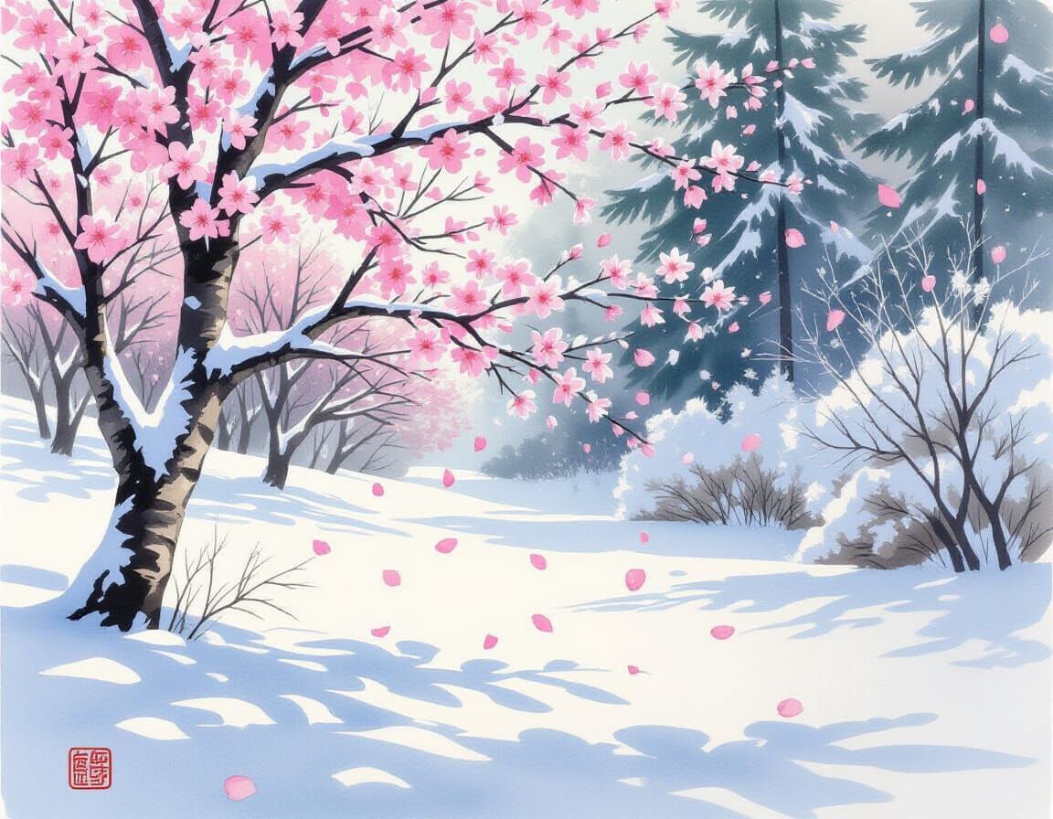 Cherry Blossoms and Snow in Watercolour Style
