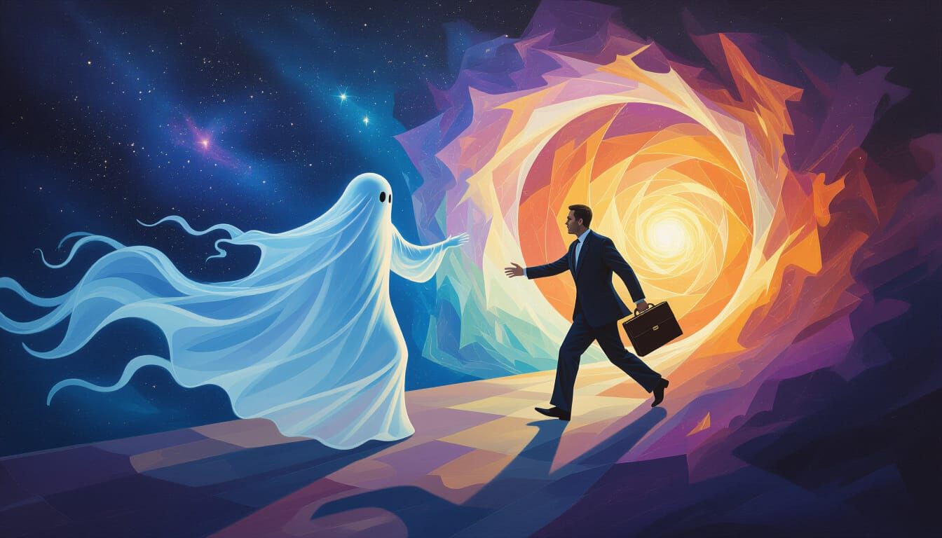 Ethereal Ghost Pursued by Lawyer Through Infinity Portal