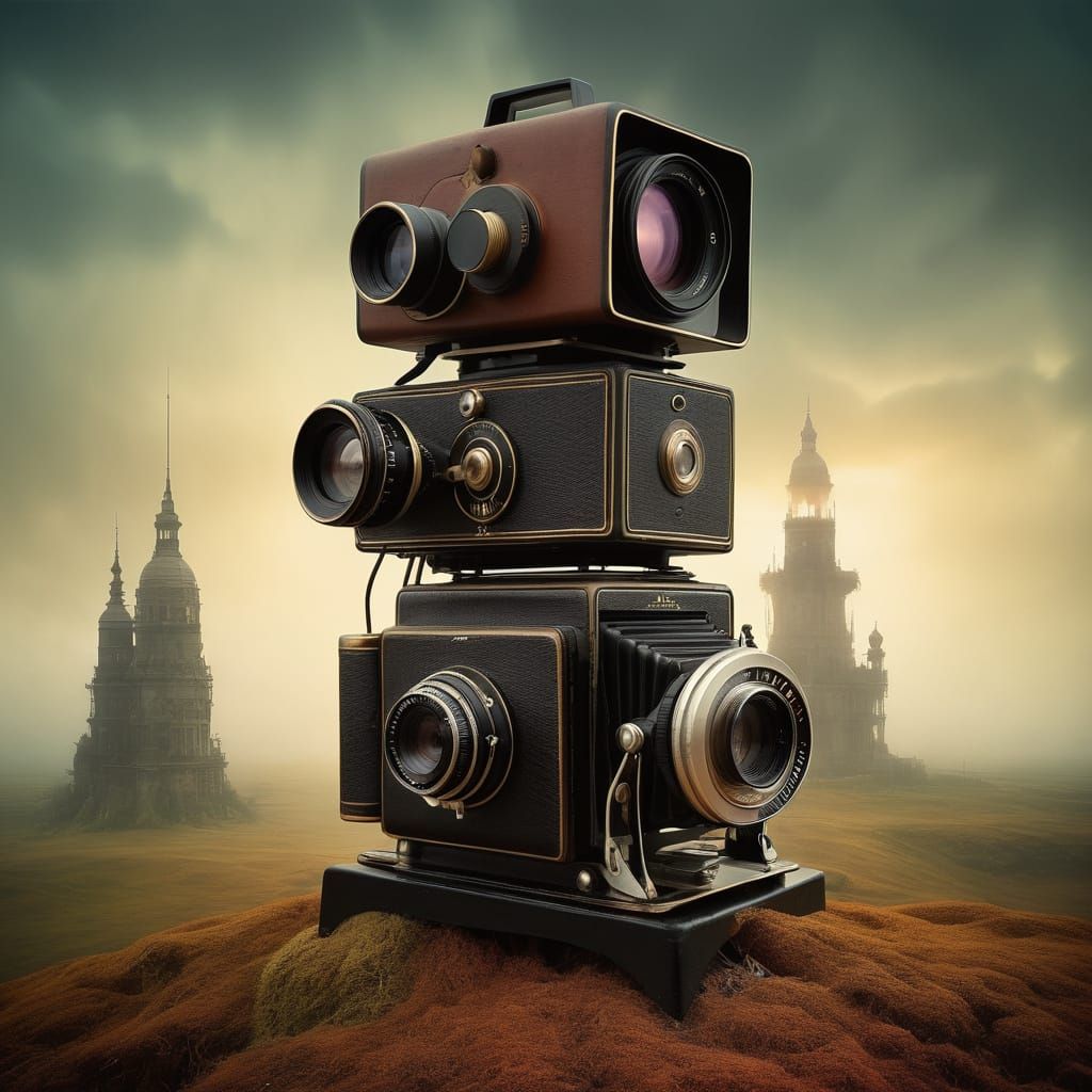 Vintage Camera Reflecting Surreal Dreamscapes